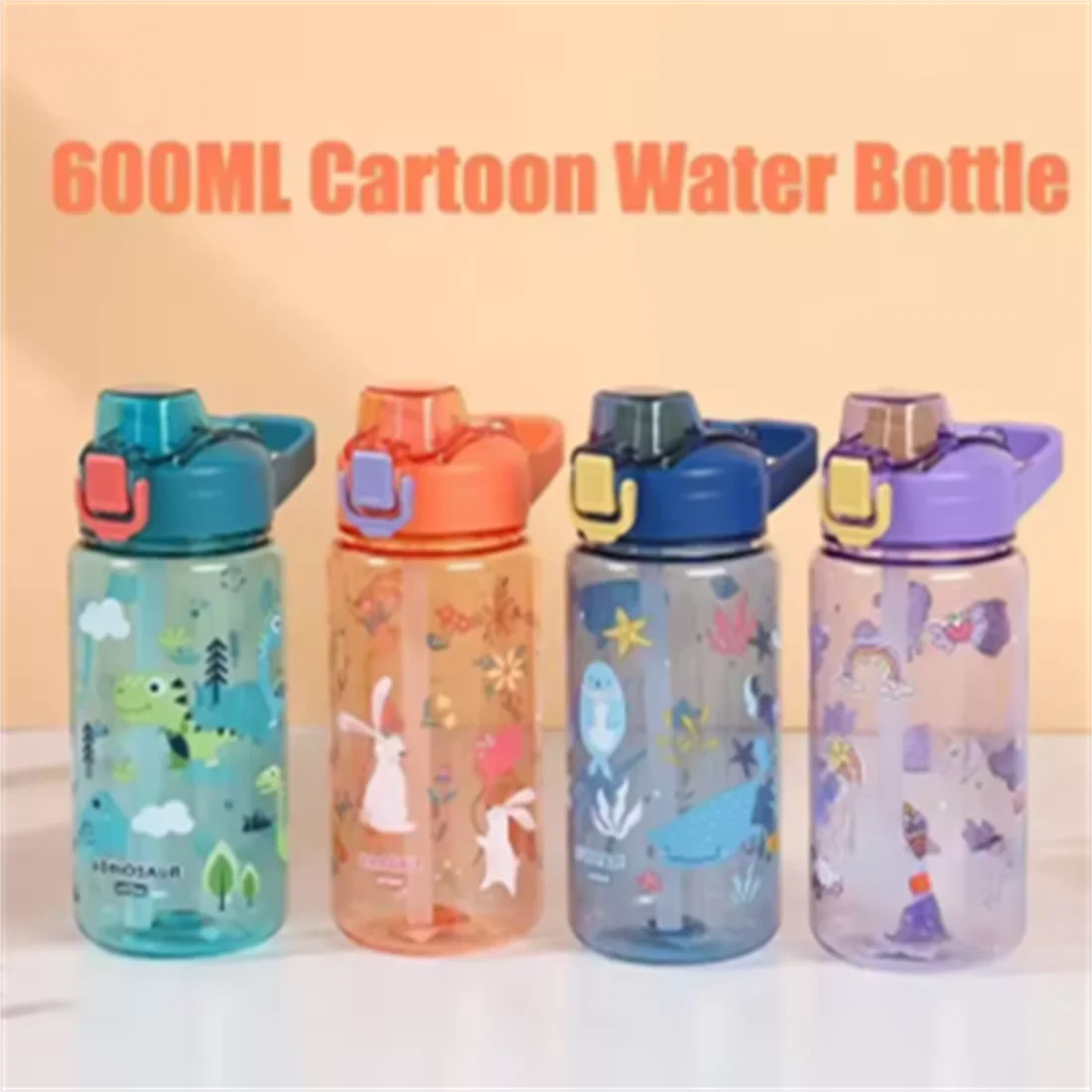 Straw Cup Water Bottle Creative Cartoon Feeding with Straw and Lid Anti spill Portable Beverage Cup