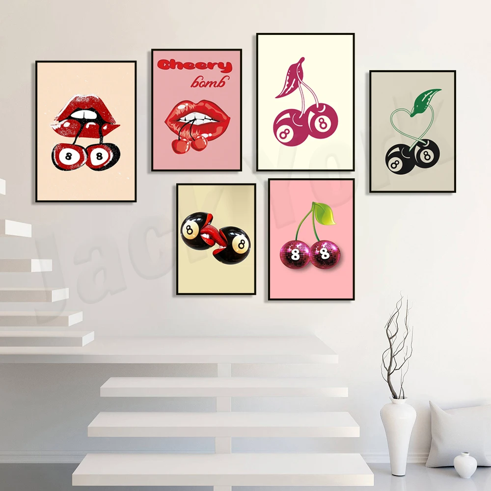 Trendy Vintage 8 Ball Cherry Print, Y2K Funky Print, Cherry Disco Ball Print, Vintage Wall Art Preppy Room Decor Poster