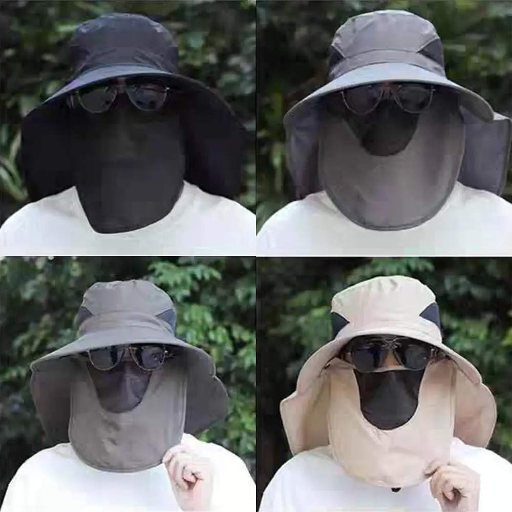 Topi Ember Pelindung Kemah Mendaki Uniseks Topi Matahari Musim Panas Topi Memancing Berburu Luar Ruangan Masker Dapat Dilepas Topi Nelayan Perlindungan Uv
