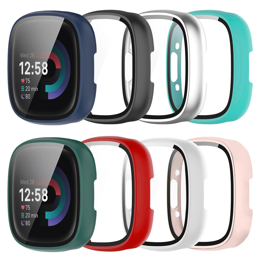 Screen Protector for Fitbit Versa 4 Case Hard PC Bumpe Protective Tempered Glass All-Around for Fitbit Sense 2 Full Cover Bumper