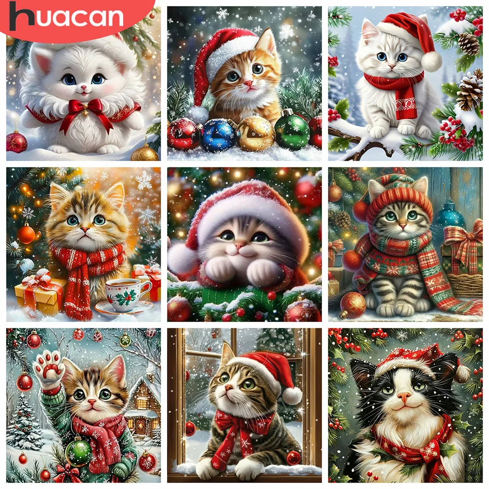 HUACAN 5D Diamond Painting Cat Christmas Animal Square Round Drill Mosaic Kits Winter Snow Hobby Creative Home Art