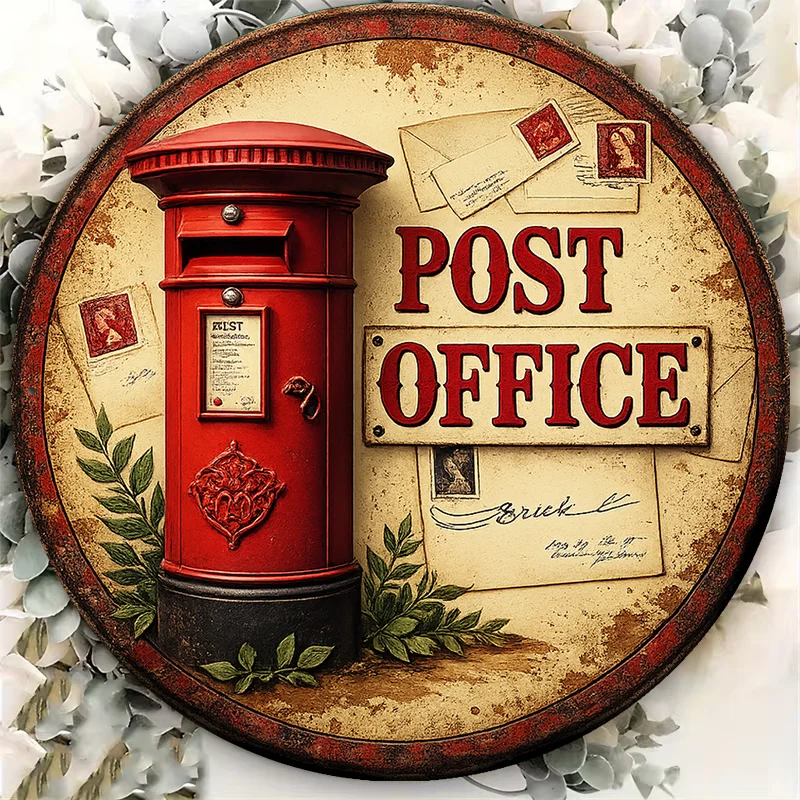 2D Metal Sign 8x8in Round Aluminum Vintage Post Office Mailbox Plaque for Cafe Bar Office Wall Decor Gift