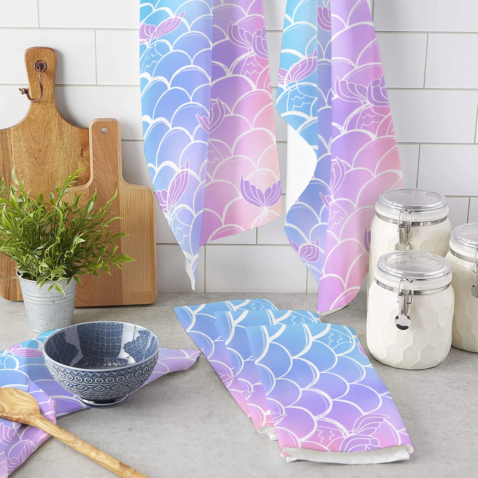 Scale Tail Hand Drawn Gradient 45x75 Microfiber Kitchen Towel for Hand Dry Bathroom Cleaning Cloth Set Printed Beach Towels