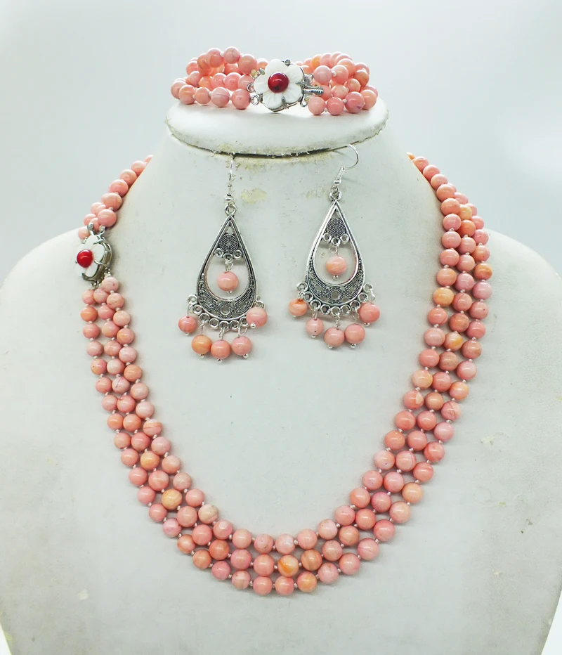 free delivery,! Classic natural pink coral necklace. Bracelet. Stud Earrings, African Bridal Wedding Set