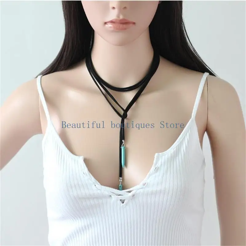 U4LF Fashion Choker Necklace Charm Long Rope Collar Black Brown Color Leather Velvets - view 4