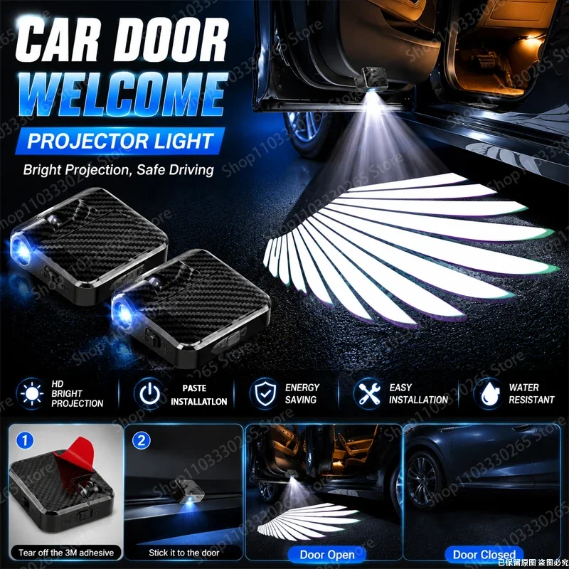 2Pcs Angel Wings Car Door Welcome Lights, Wireless HD Projector Lamps, Auto On/Off for Universal Vehicle Fit