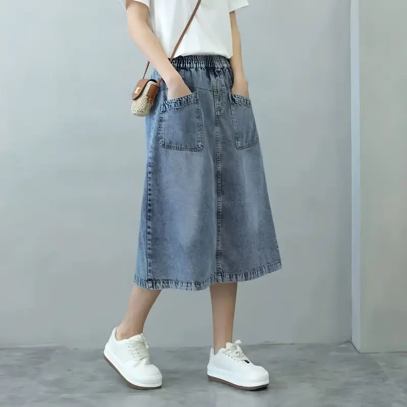 

Fashion Women Denim Skirtd 2024 New Women's Casual Elastic Waist Mid Length Slim Split Pocket A-line Jean Skirt