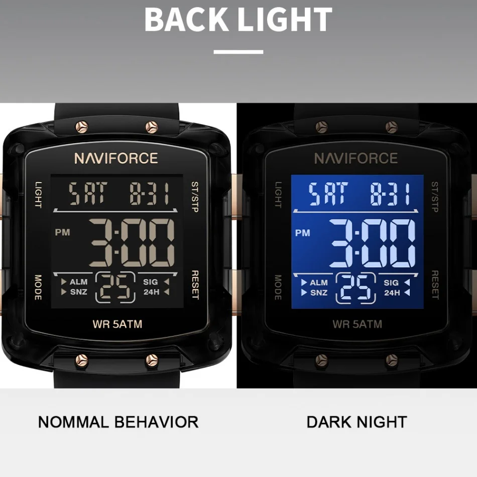 ساعة رياضية للرجال من NAVIFORCE مع شاشة عرض إلكترونية من السيليكون للرجال، مقياس بخار العد التنازلي، منبه التقويم، ساعة عرض الأسبوع