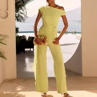 Women Elegant Personality Solid Chiffon Playsuit Sexy Skew Collar Asymmetrical Party Jumpsuits Casual Short Sleeve Draped Romper - Image 3