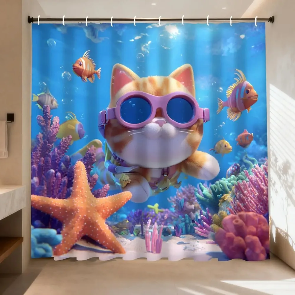 

Занавеска для душа с принтом кошки, занимающейся дайвингом, красочный рисунок животных для декора детской ванной комнаты