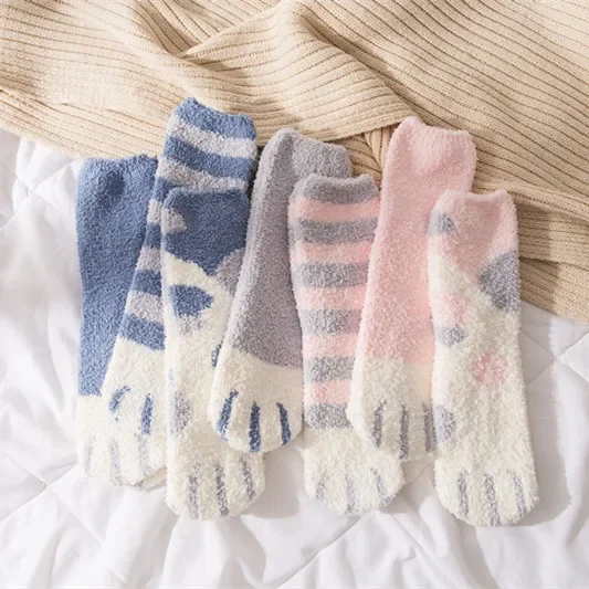 Womens Fashion Cats Paw Stripe Socks Cute Funny Thick Girls Cartoon Animal Fingers Female Home Floor Sleeping Socks