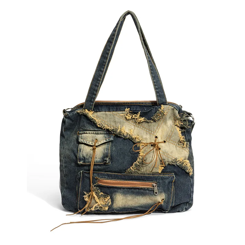 2024 New Womens Shoulder Bag Washed Denim Distressed Large Capacity Messenger Bag Hot Girl Fashion Designer Handbag Big Totes