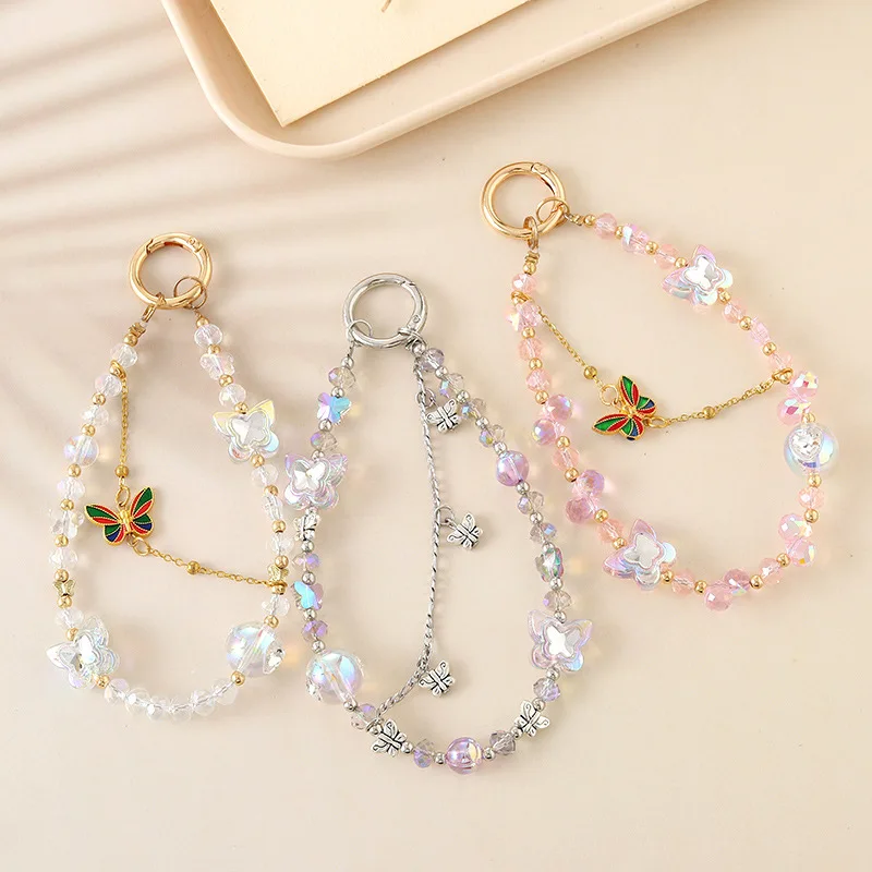 

Phone Bracelet Artificial Pearl Rhinestone Beads Hanging Lanyard Alloy Butterfly Pendant Hanger Anti Lost Strap Cell Phone Rope