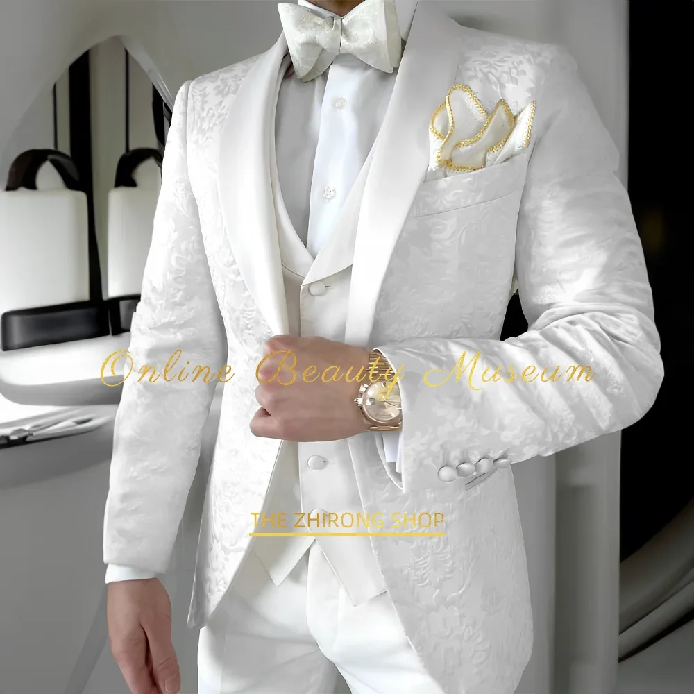 

Classy men's white jacquard Suit 3pcs jacket vest pants set shawl lapel elegant attire for wedding cocktail business ball party