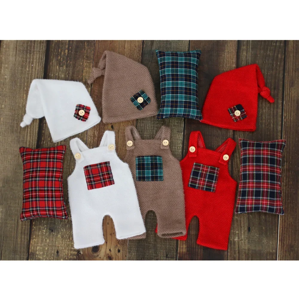 Newborn Baby Photography Props Christmas Xmas Suspender Knitting Outfit Hat Pillow 3pcs Set Studio Shooting Photoshoot Props