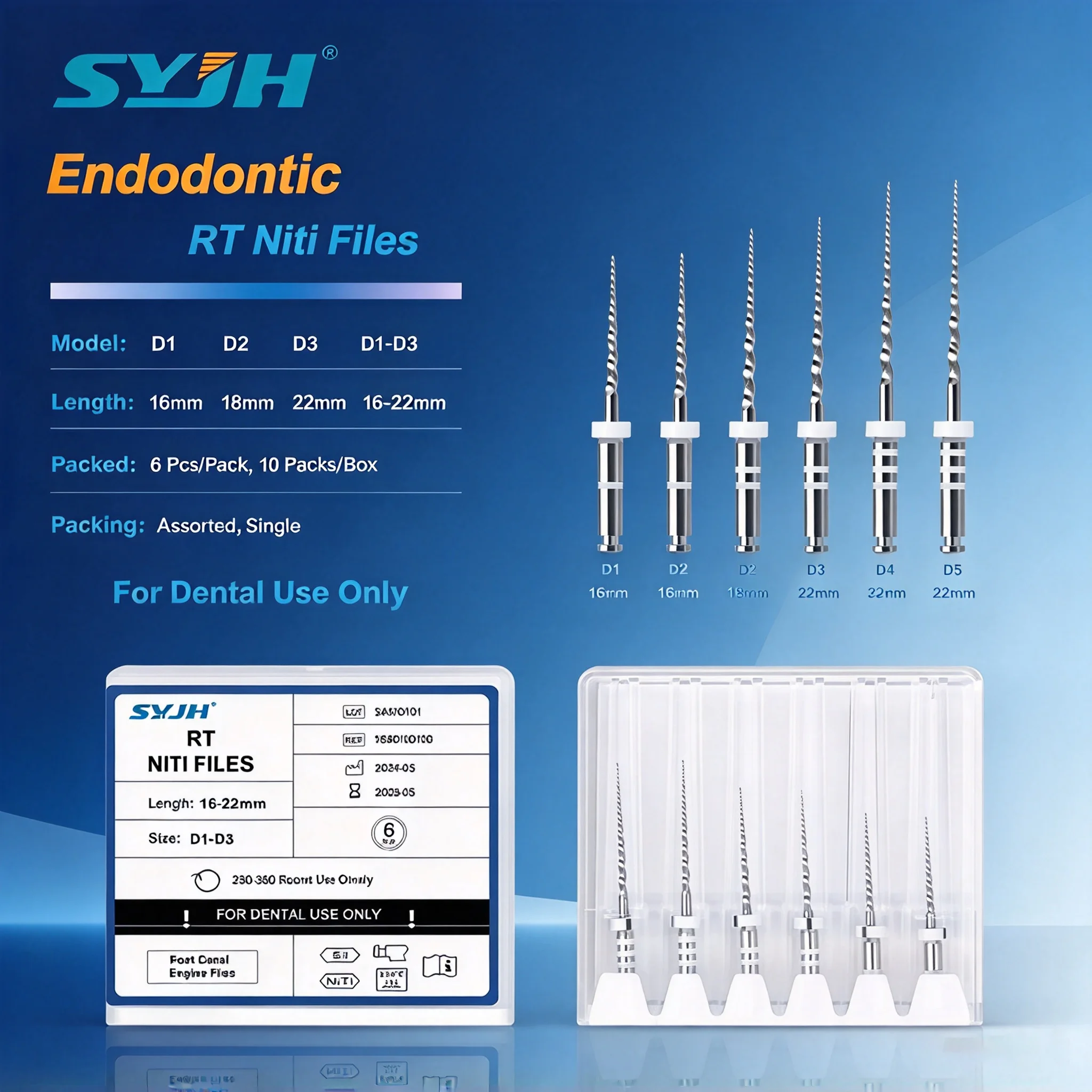 SYJH Dental Retreatment Engine NiTi File Root Canal D1-D3 Remove Filling Material Before Canal Re-shaping 10 Packs Endodontic