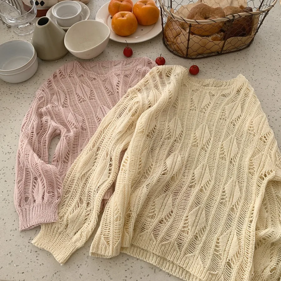 

Детский топ, одежда, новинка весны 2024, модный тонкий пуловер в Корейском стиле для девочек, свитер с вырезами, вязаная одежда, свободный кофта