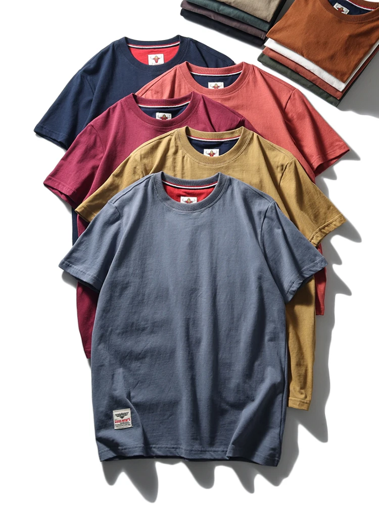 2025 Summer New American Retro Short Sleeve O-neck Solid Color T-shirt Men's Fashion 100% Cotton Washed Casual Terry Cloth Tops image 2