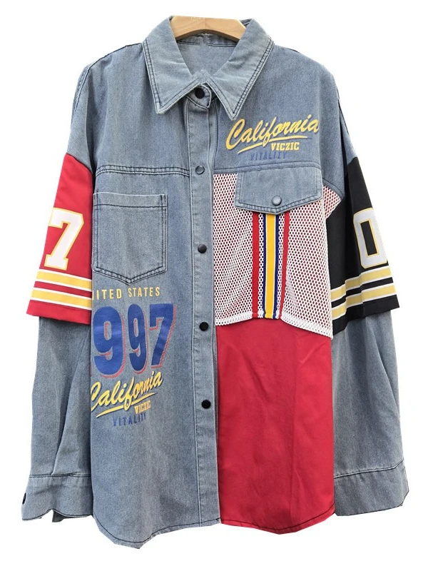 العصرية النمط الأمريكي عارضة الثقيلة الرجعية اللون كتلة المطبوعة الدنيم قميص للنساء فضفاض التخسيس أعلى سترة القمصان العصرية