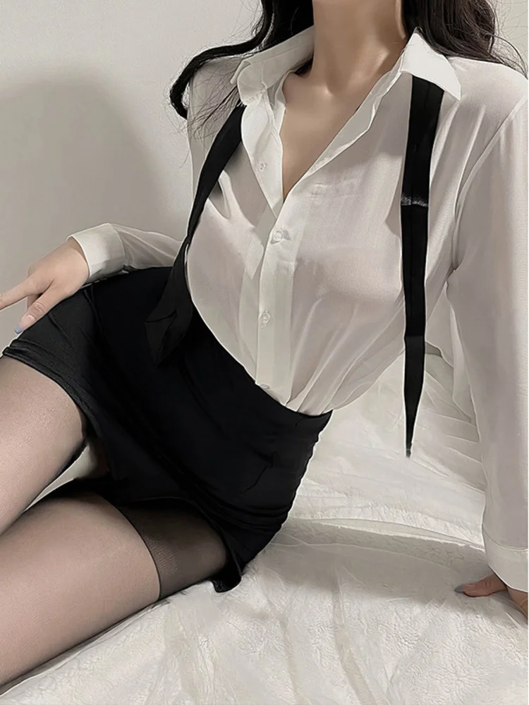 

2023 New Sexy Secretary Tight Slim Hip Mini Skirt Silk Uniform Cosplay Temptation Suit Female White OL Shirt Blouse Tops Y8QU