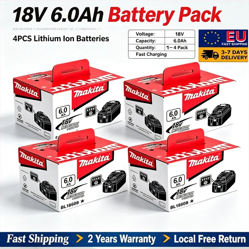 Batteria originale Makita 18V, modelli BL1850 e BL1860, e set di utensili professionali per la montaggio.