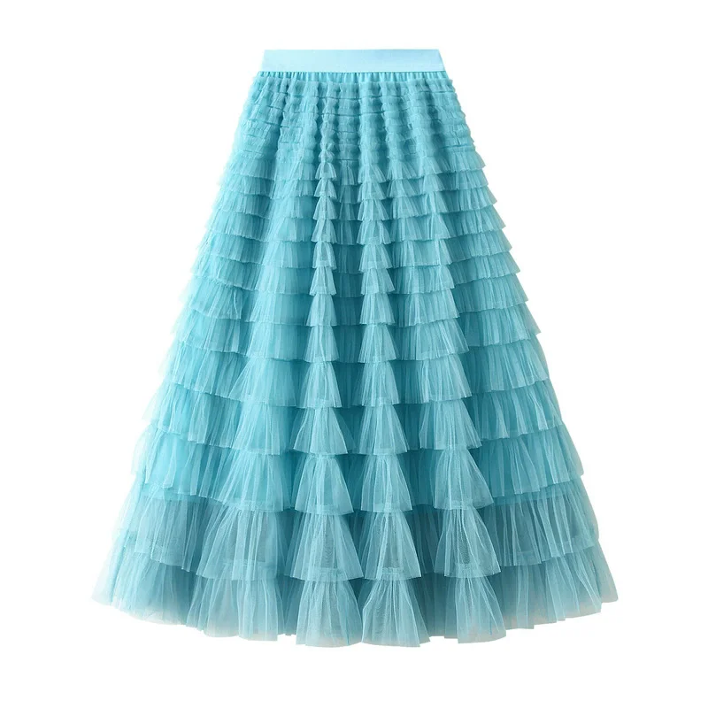 Elegant Temperament Layered Cake Fluffy Lace Mesh Silk Feeling Elastic Waist A-line Skirt For Women PY26008