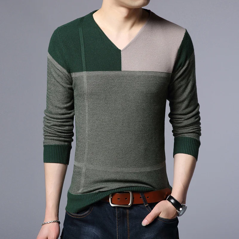Autumn Winter New Men's V-Neck Sweater Color Block Screw Thread Casual Korean Simple Pullover Knitted Patchwork Long Sleeved Top