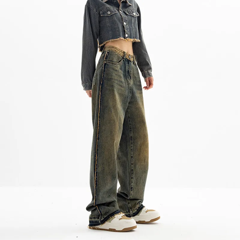 

High Waist Distred Jeans Women plus Size Loose Wide Leg Pants American Retro Design Sense Old Sle Trousers