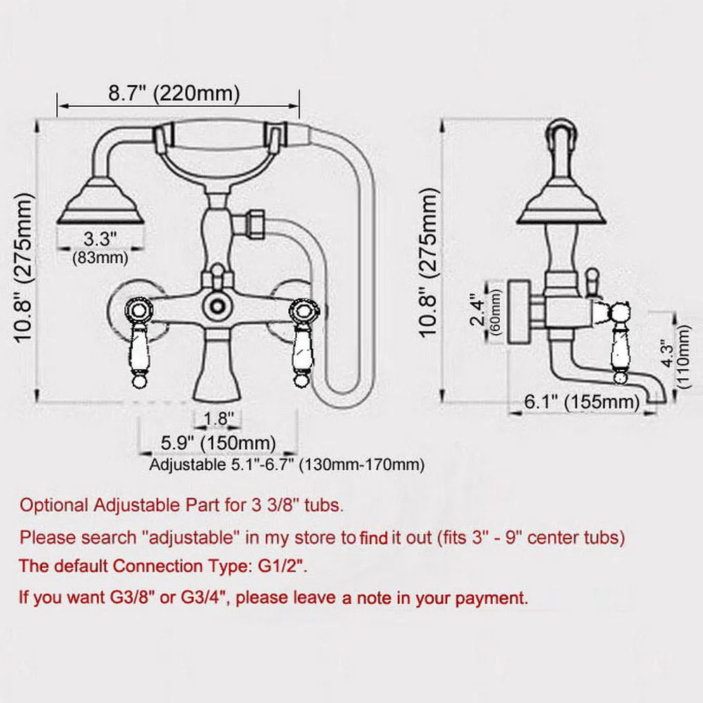 Red Copper Antique Wall Mount Bathroom Bathtub Faucet Set WITH/ 1500MM Handheld Shower Spray Head Mixer Tap Dna329