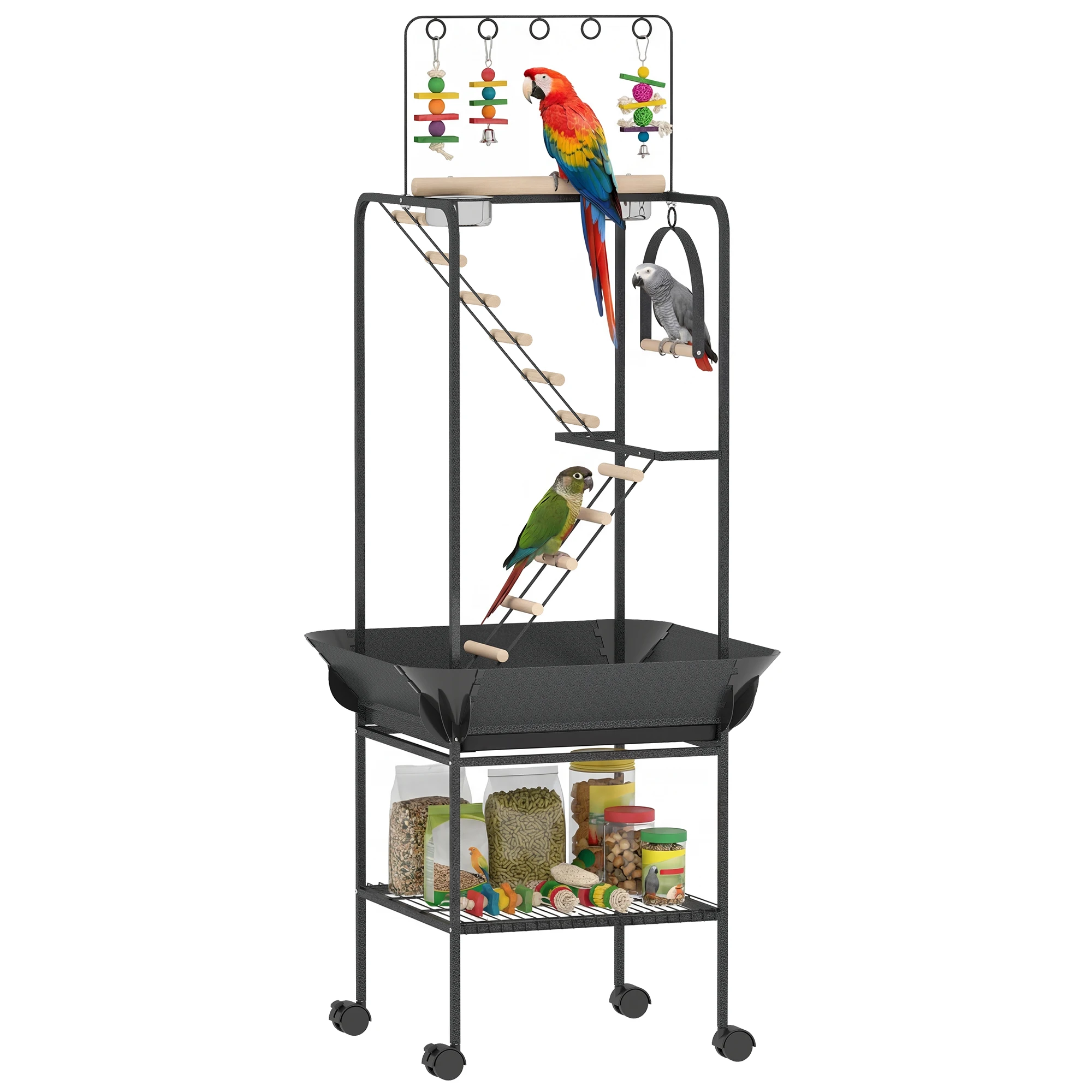PawHut Parque de Juegos de Pájaros con Ruedas Escaleras Columpio Protector de Semillas Bandeja Comederos Perchas 63x63x163 cm