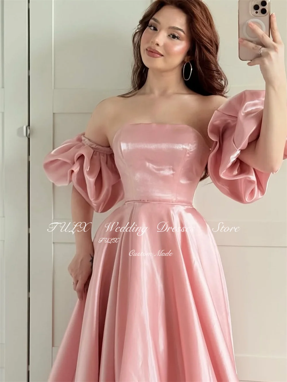 TULX – robe de soirée en Satin rose, sans bretelles, manches bouffantes, ligne A, longueur au sol, robe d'événement formelle arabe personnalisée