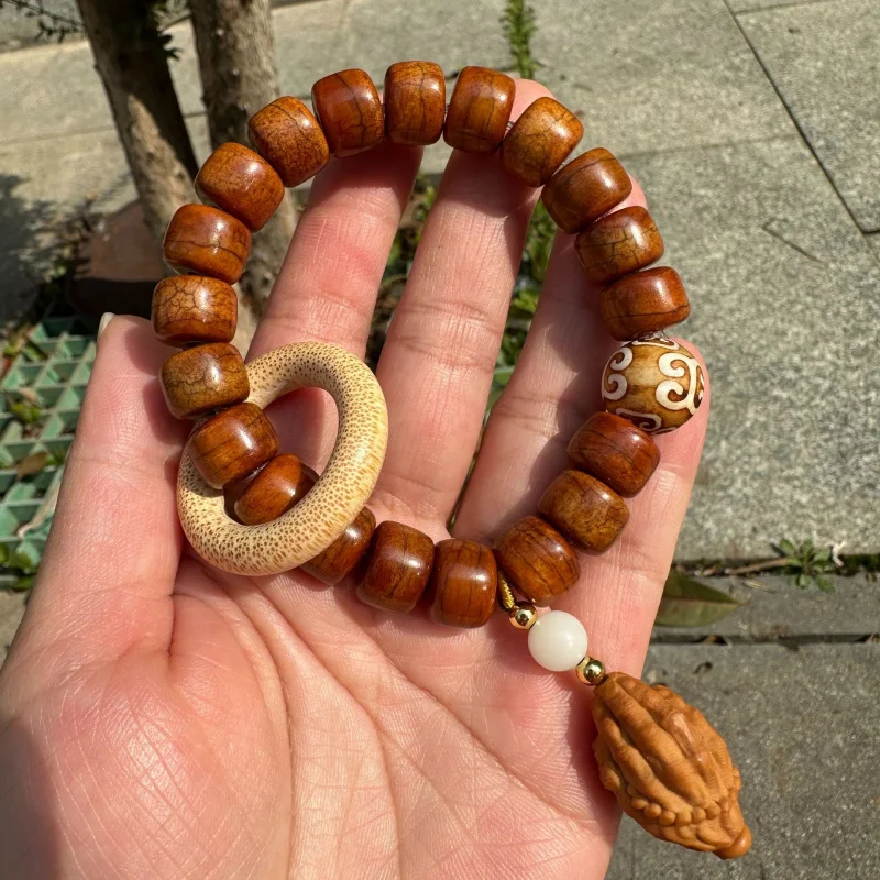 Abacus Bead Multi-Gem Bodhi Root Bracelet with Apple-shaped Beads, Weathered Yellow, Collectible Hand Jewelry
