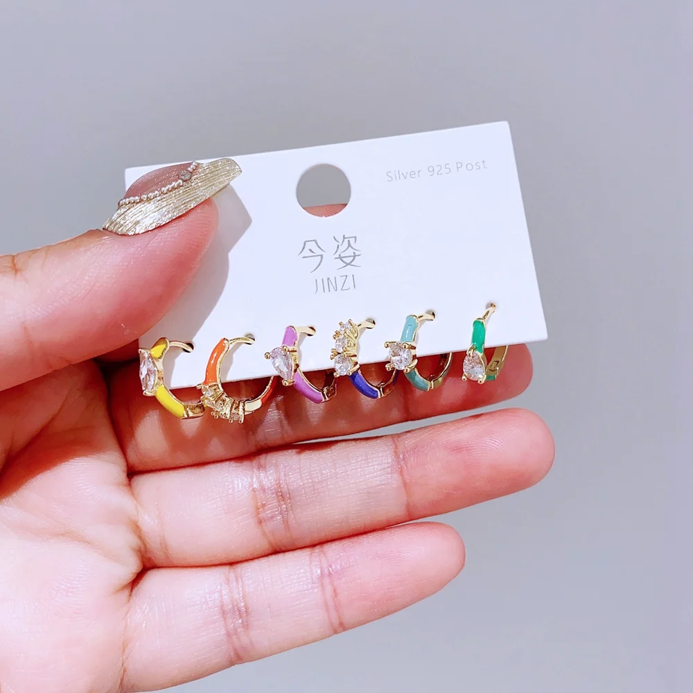 1 Set Mixed Colorful Enamel Crystal Huggie Hoop Earrings for Women Gold Color Plated Cubic Zircon Jewelry