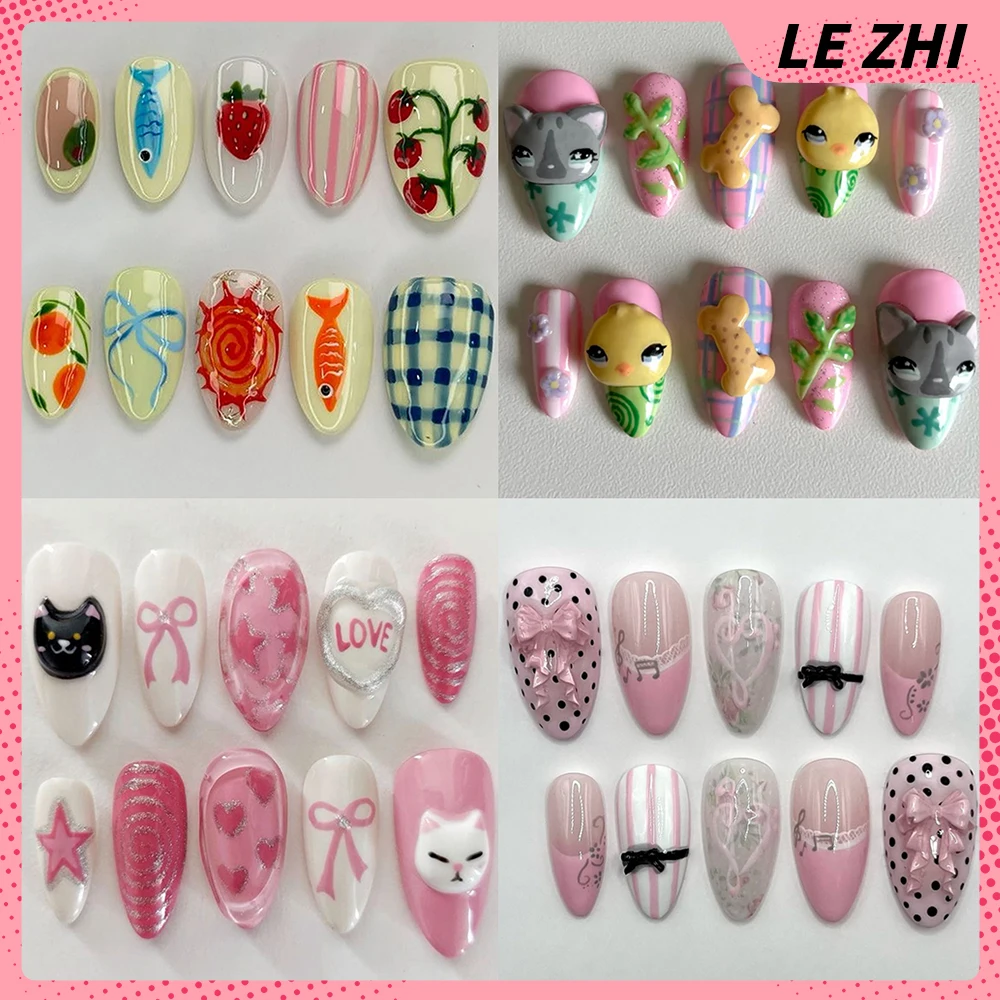 

10Pcs Handmade 3D Cartoon Rabbit Bow Strawberry Cherry Flowers French Fake Nails Kawaii Cat Fish Long Almond Press On Nails