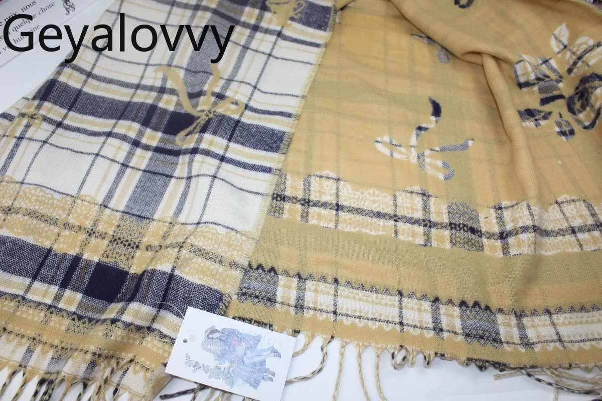 

Sweet Imitation Cashmere Jacquard Plaid Women's Shawl Scarf with Bowknot Print Pattern Lace Japanese Style Versatile Scarfs