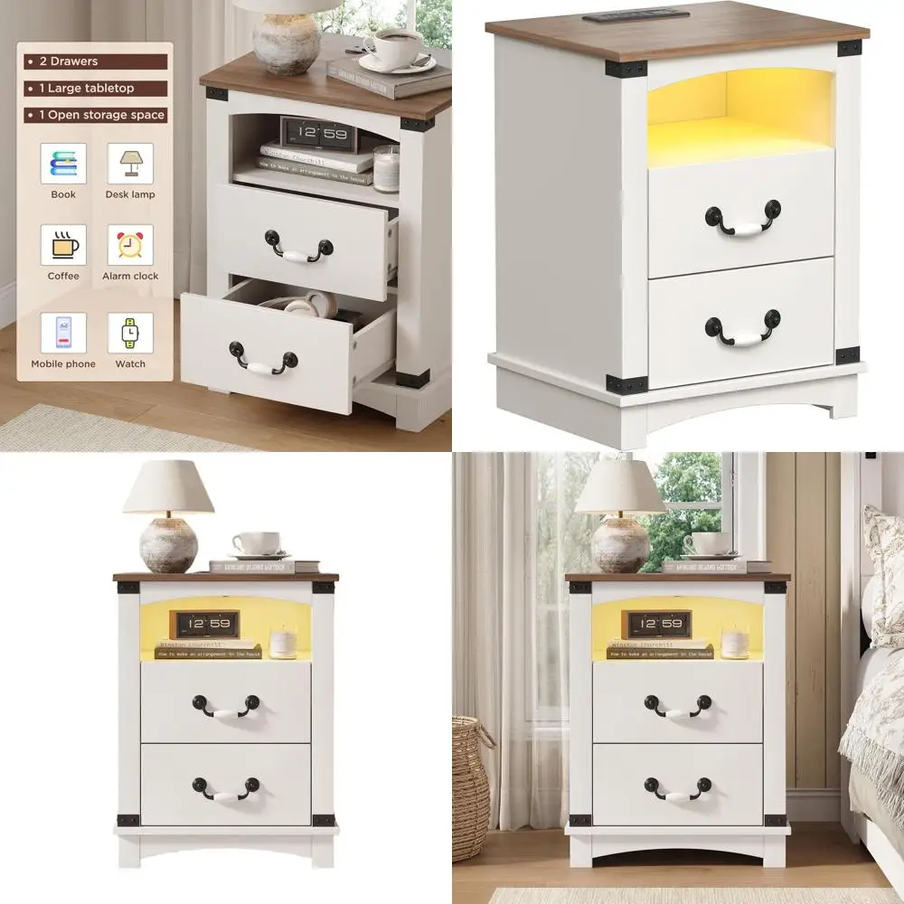 

Charging Station Nightstand with Ceramic Handle, 2-Drawer Wood Bedroom Table, LED-lit Antique White Bedside Stand