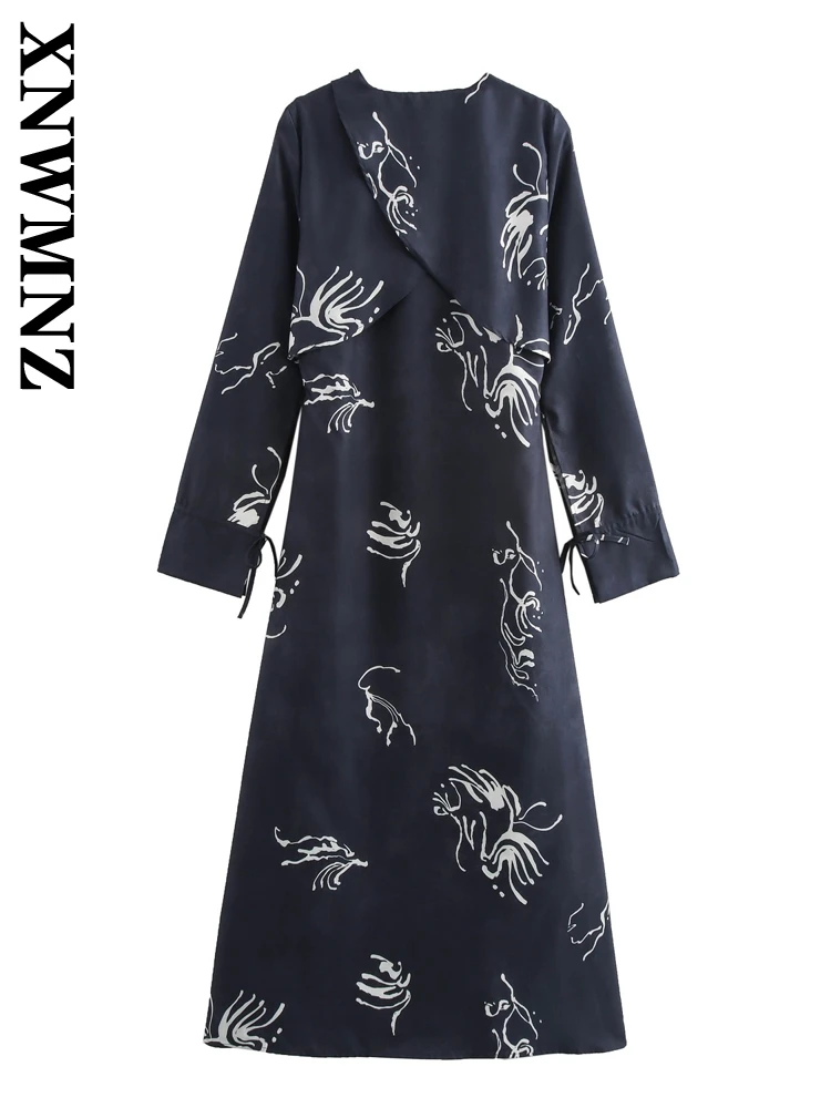 XNWMNZ 2024 Autumn Woman Casual O-Collar Ruffles Side Zipper Dress Top Women Clothing Vintage Long Sleeve belt Print Maxi Skirt