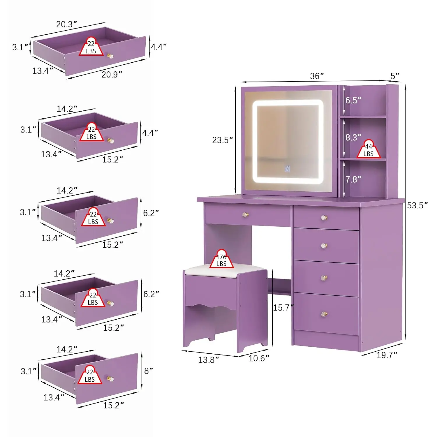 Purple Vanity Desk with Sliding Mirror and Lights, 5 Drawers,Stool, Customized
