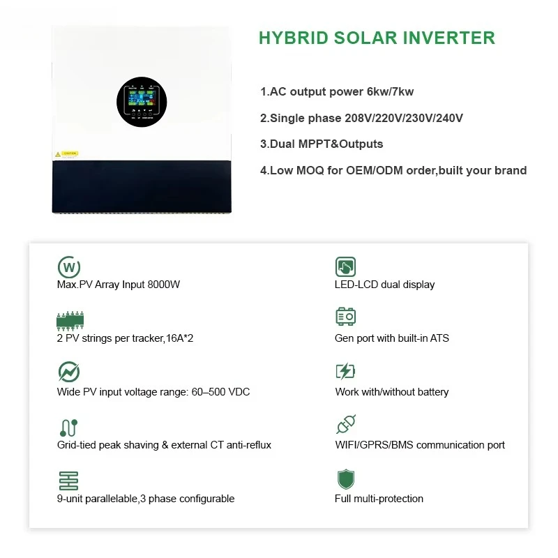 CKMINE Hybrid Solar Inverter On/off Grid 6kw 7kw 48v Dual MPPT&Outputs Single Phase 230v 220v Wifi for Energy Storage System