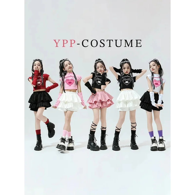 طفل لطيف الهيب هوب الملابس الوردي طباعة المحاصيل تي شيرت الأكمام الأبيض الطبقات مطوي تنورة صغيرة للفتيات ملابس رقص الجاز الملابس