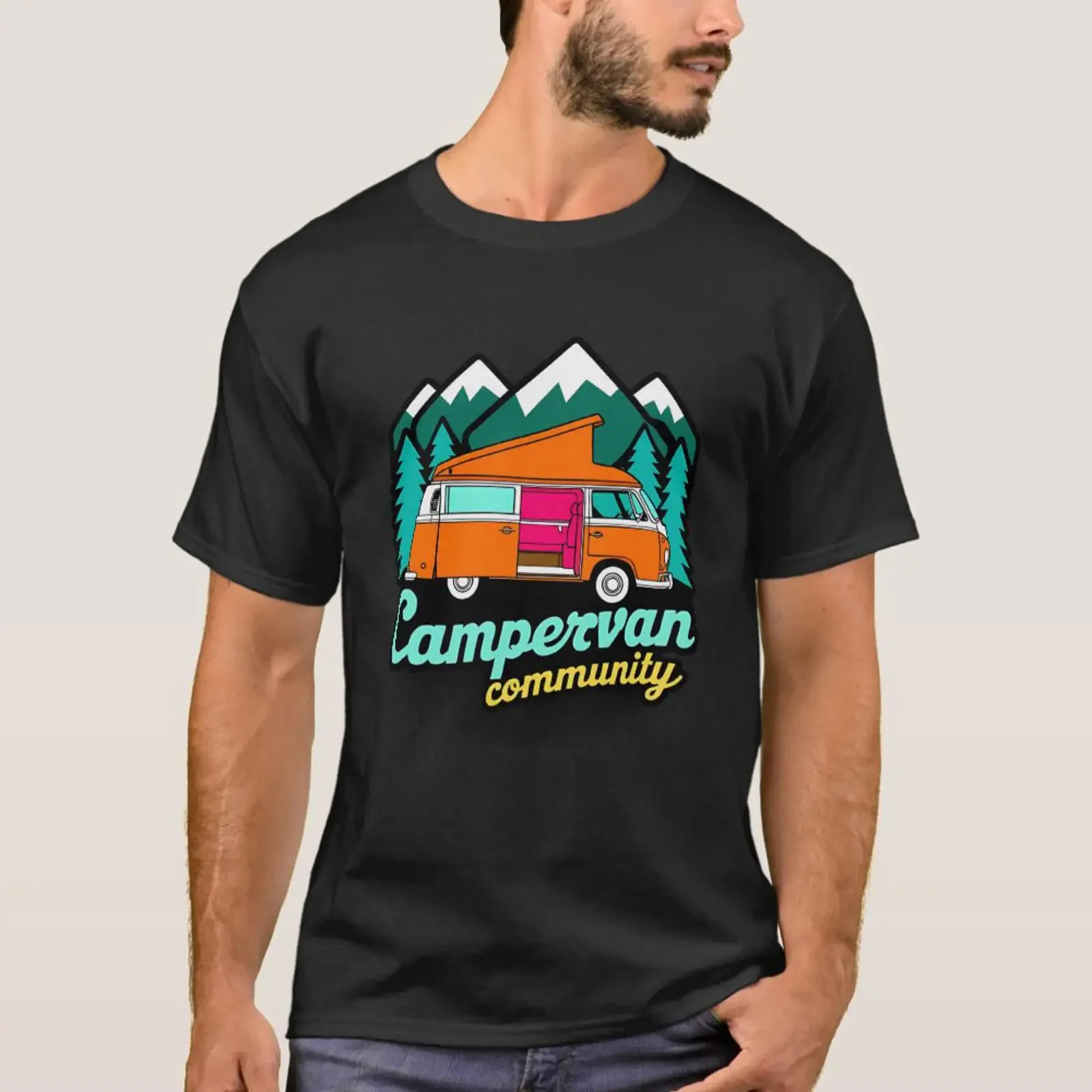 T-shirt de la communauté des Campervan, style vintage délavé, motif graphique, haut polyvalent pour un usage quotidien, doux, extensible et élégant pour homme