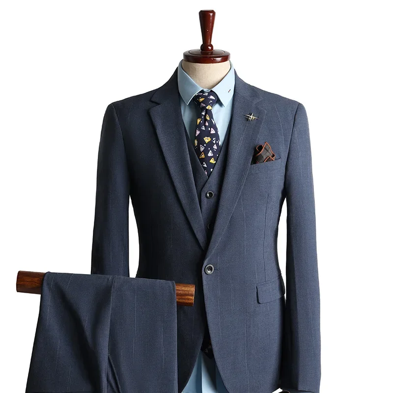 (25) Men\'s Three-piece Suit, Blue Striped Korean Style, Slim and Handsome Wedding Dress