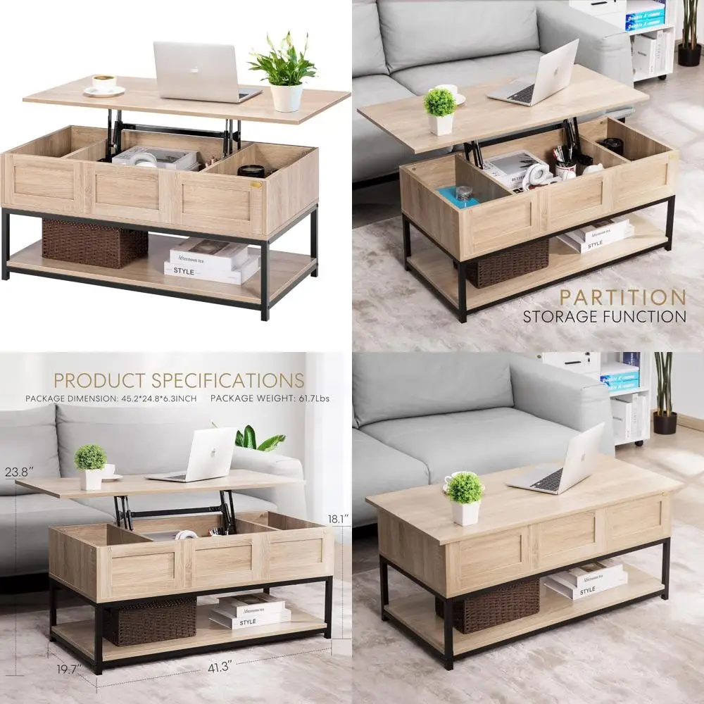 Vivohome Steel Frame Lift Top Coffee Table with Open Storage and Hidden Compartment, Ideal for Living Room Dining