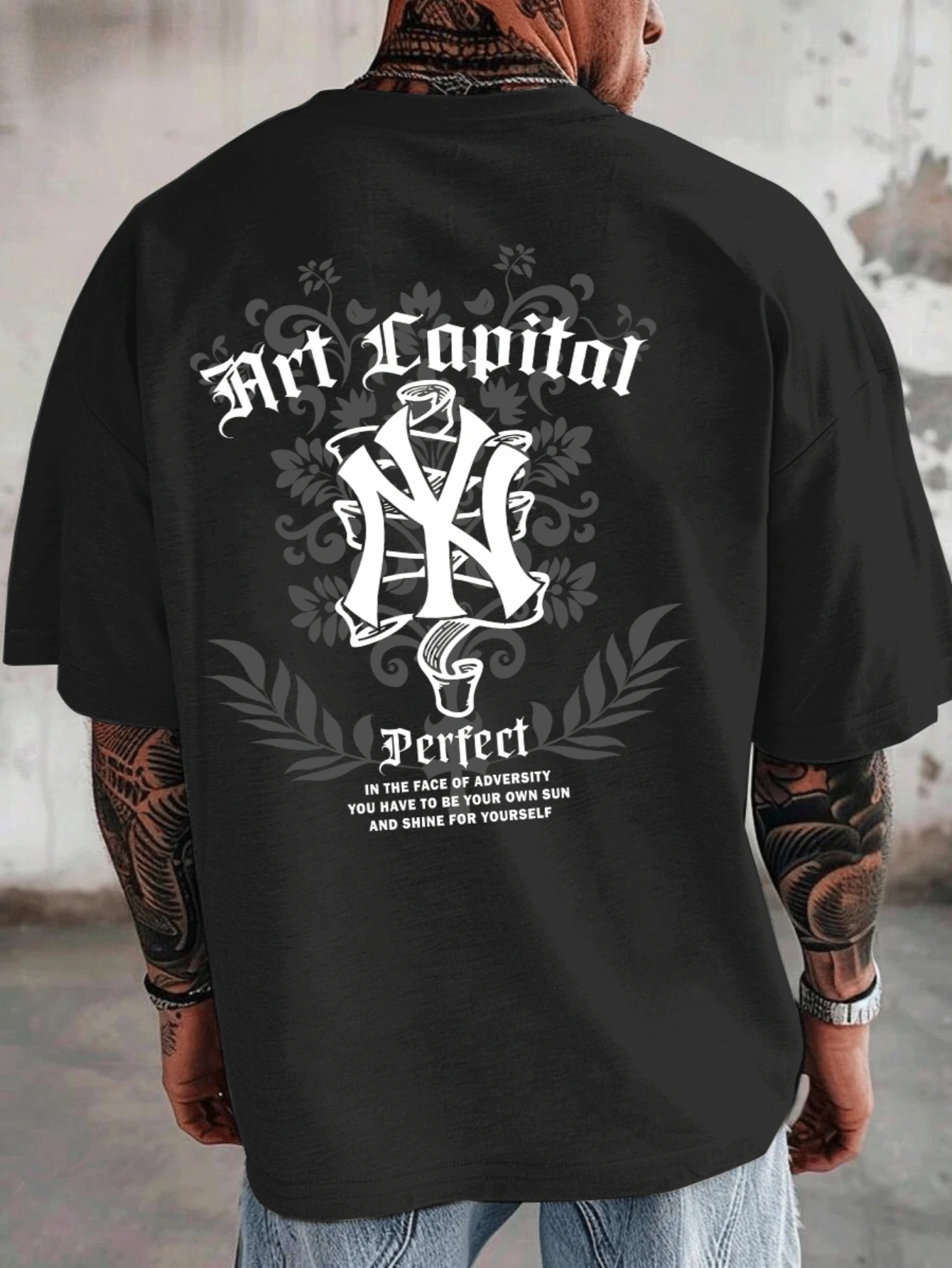 Herren Übergroßes Vintage Gothic Streetwear NY Art Capital Blumendruck Lässiges Rundhals-Kurzarm Hip-Hop Grafik-T-Shirt
