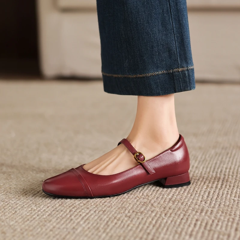 

Women's New Spring and Autumn Genuine Leather Cowhide Elastic Belt Buckle Low Heel Large Size Mary Jane Shoes Single Shoes