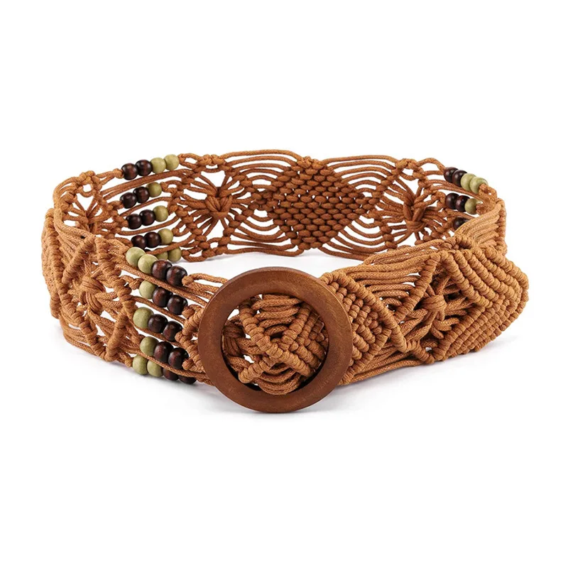 1pc Bohemian Style Handwork Woven Waist Sealing Wax Rope And Wooden Bead Decorative High Quality Belts For Women