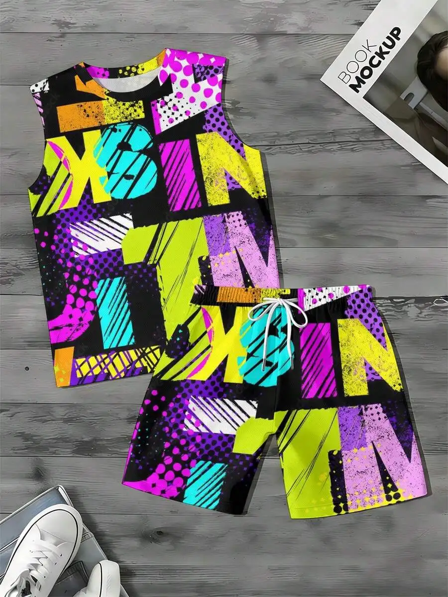 Colorful Abstract Pattern 2026 European & American Spring Summer Autumn New Style Wide Shoulder Tank Top & Beach Shorts Set Men view 4
