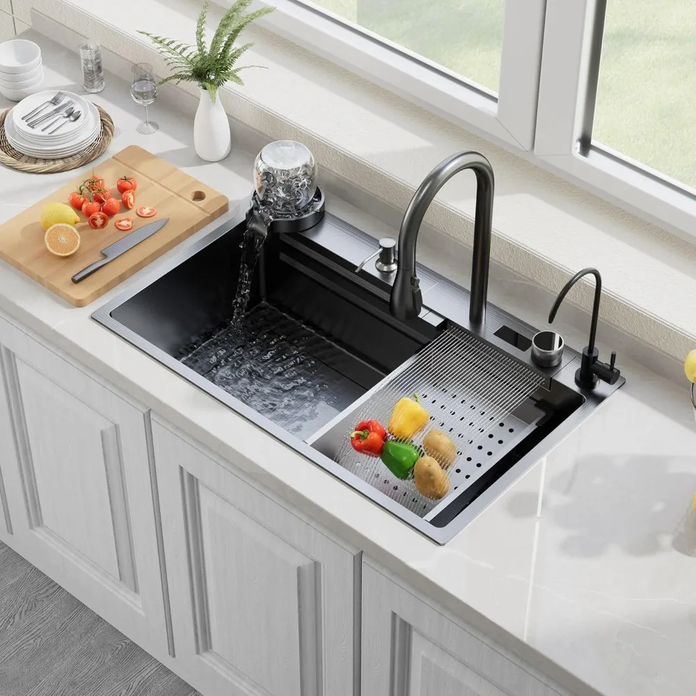 

Stainless Steel Single Bowl Kitchen Sink with Waterfall Edge, 33x19x9 Inches, Grey and Black Nano Coated Workstation Sink and Fa