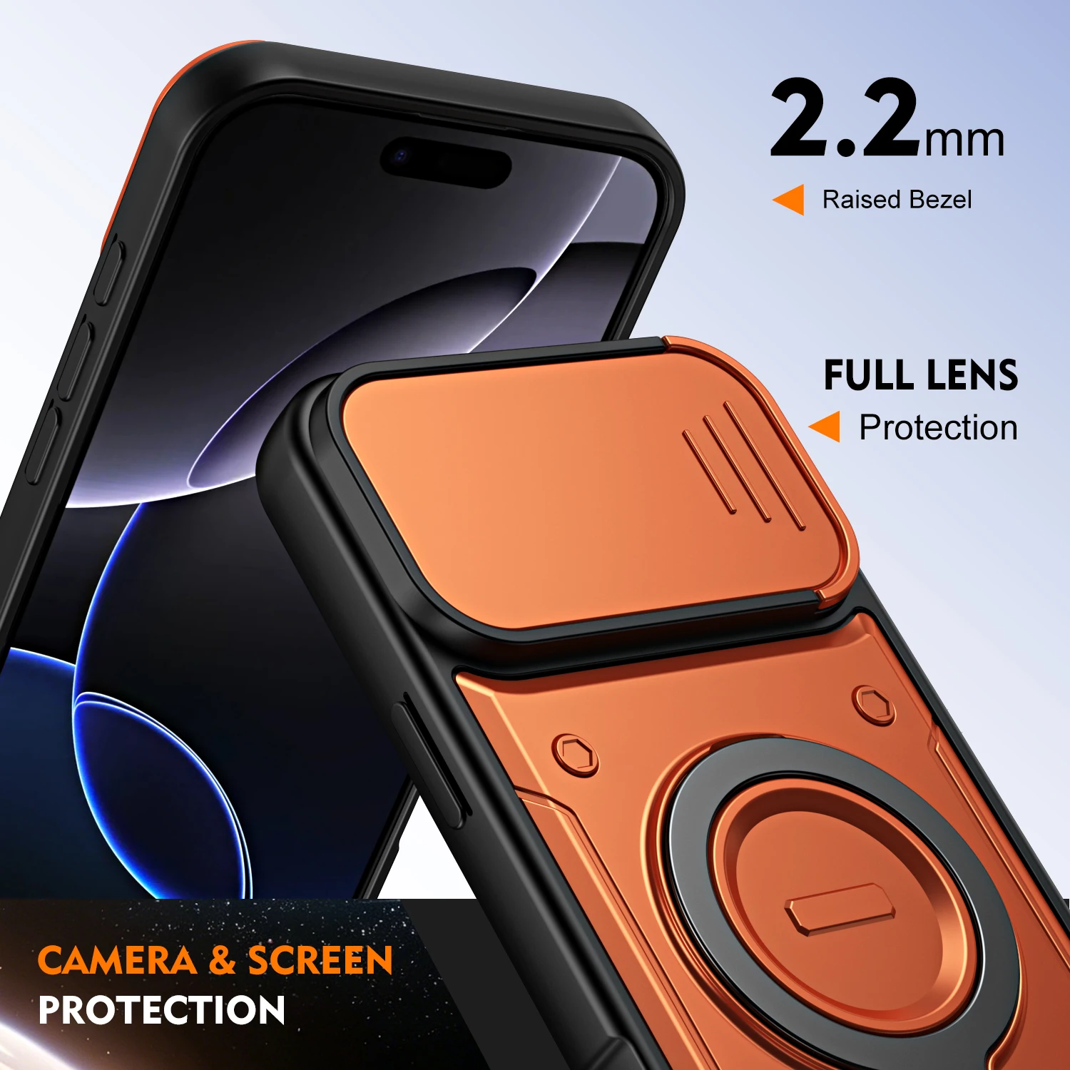 Stoßfeste Hybrid-Doppelschicht-Hülle mit magnetischem Metallringständer für iPhone 17 16 Pro Max, drehbare Schiebe-Kameralinsen-Schutzhülle – Detail 7