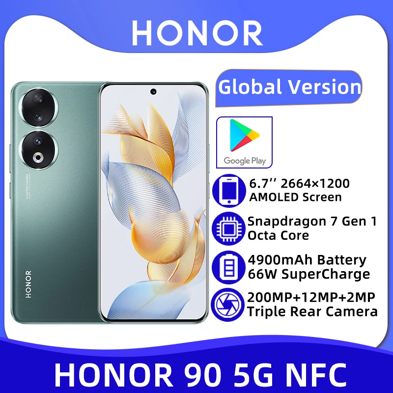 Global Version Honor 90 5G NFC Snapdragon 7 Gen 1 Smartphone 66W SuperCharge 200MP Ultra-Clear Triple Rear Camera 512GB 6.7\